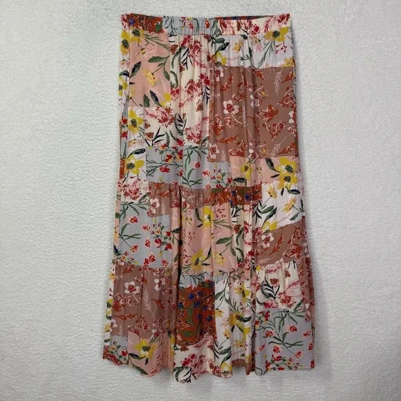 T Tahari Skirt Small Medium Multi Floral Patchwork Tiered Maxi Boho A-Line - Picture 7 of 13